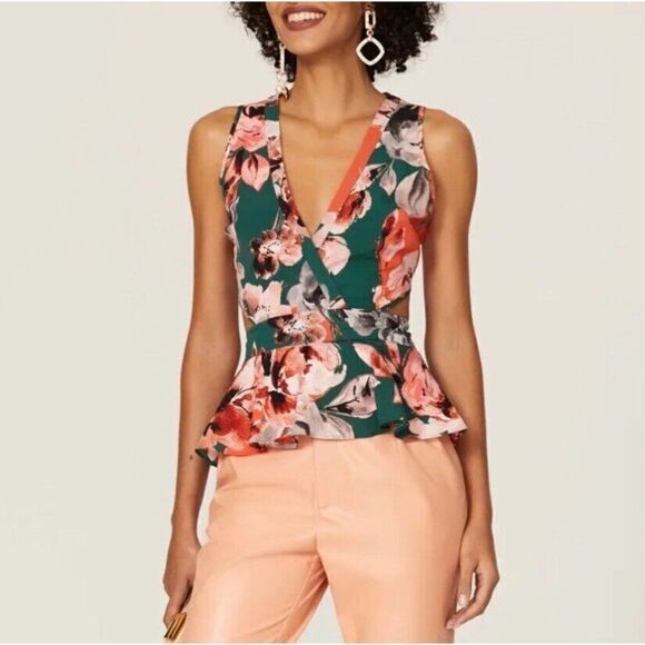 MARISSA WEBB Top Womens 0 Cutout Floral Peplum Green Orange Open Back - Picture 1 of 13